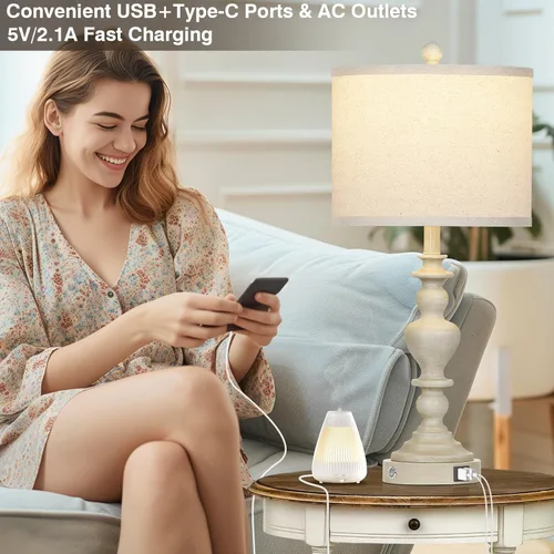 Vista 4 de 27" Farmhouse Lamps Set of 2 with USB C+A Charging Ports, Vintage Rustic Touch Control Table Lamp for Living Room, 3-Way Dimmable Traditional