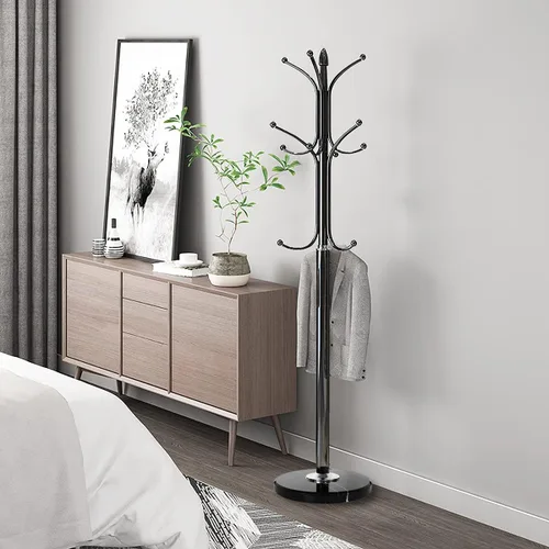 Vista 5 de Kertnic Perchero de metal con base de mármol natural, árbol de pasillo independiente con 12 ganchos para colgar bufanda, bolsa, chaqueta, Negro