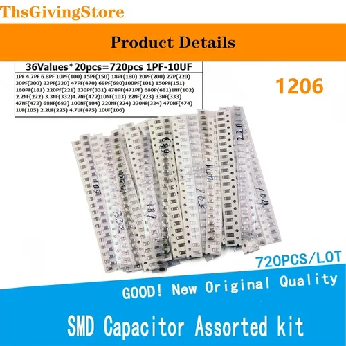 Vista 2 de Kit surtido de condensadores SMD 1206, 720pcs 36values x 20pcs 1pF-10uF SMD Micro condensador Muestras Kit, componentes electrónicos