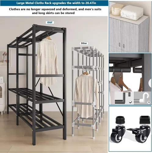 Vista 8 de Perchero de ropa resistente cubierto con puerta magnética de 1500LBS, armario portátil plegable para colgar ropa, perchero enrollable de metal negro