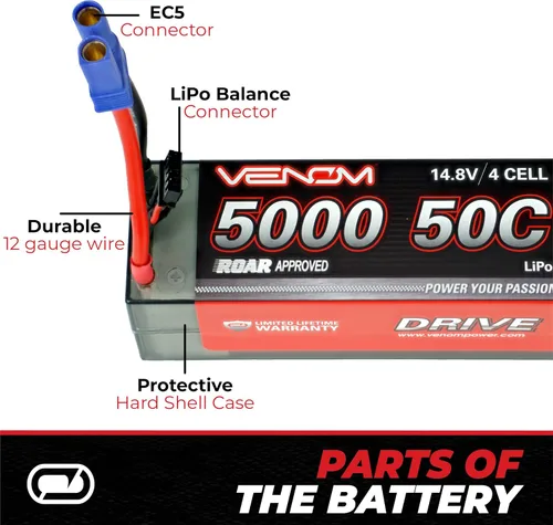 Vista 4 de Venom Drive Series 50C 4S - Batería LiPo RC de 5000 mAh 14.8 V, polímero de litio de 4 celdas, conector de silicona suave y compatible con camiones