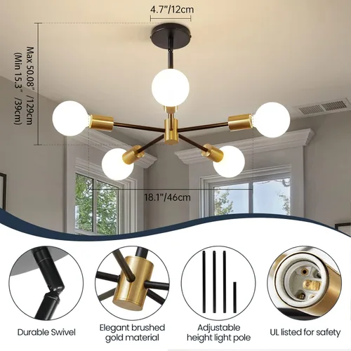 Vista 4 de RUIYEY Lámpara Sputnik Moderna, Lámpara de Techo Semiempotrada Negra y Dorada, Candelabros de Mediados de Siglo para Dormitorio, Comedor, Isla