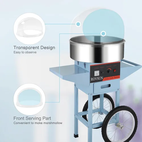 Vista 3 de ROVSUN Carrito de máquina de algodón de azúcar de 21 pulgadas, máquina eléctrica de algodón para hacer hilo dental con tapa, cuenco de acero