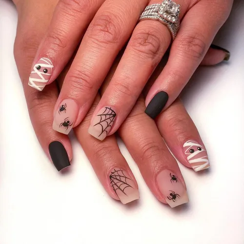 Vista 19 de Uñas postizas a presión de Halloween, uñas postizas cuadradas cortas con diseños de gato negro, acabado degradado brillante, cobertura completa