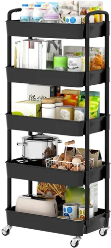 Vista 19 de Sywhitta - Carrito de almacenamiento rodante de plástico de 3 niveles con asa, carrito de almacenamiento multifuncional para oficina, sala de estar