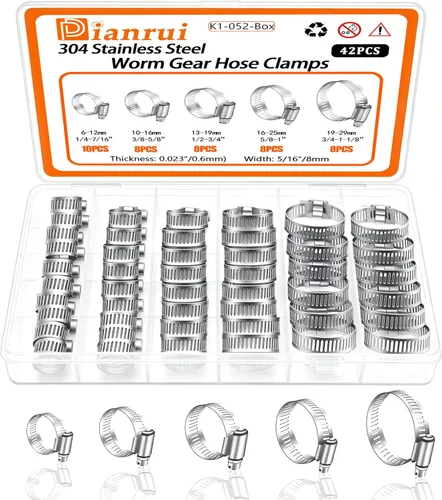 Dianrui - Kit de surtido de 42 abrazaderas de manguera, abrazaderas de manguera de tornillo sin fin de acero inoxidable 304 de 1/4"–1-1/8" (6-29mm)