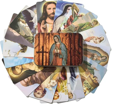 Tarjeta de oración católica con caja de metal, regalos católicos, tarjetas sagradas variadas con santos y oraciones católicas - 36 piezas