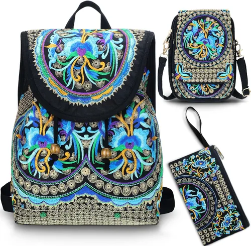 3 unids mujeres vintage bordado étnico hecho a mano mochila flor Crossbody bolsa Hmong mochila bolso mexicano, Azul series, Serie Azul