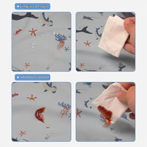 Vista 6 de Baberos de manga larga para bebés, impermeables, con bolsillo para atrapar alimentos para alimentar, comer Azul