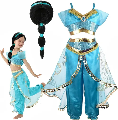 Girls Jasmine Costume Arabian Princess Jasmine Cosplay Costume with Wig Halloween Party Dress up Costume for Kids