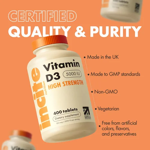 Vista 4 de Incite Nutrition Vitamina D 5000 IU - 400 Tabletas Micro de Vitamina D3 de fácil deglutición de alta potencia - Alto contenido en colecalciferol VIT