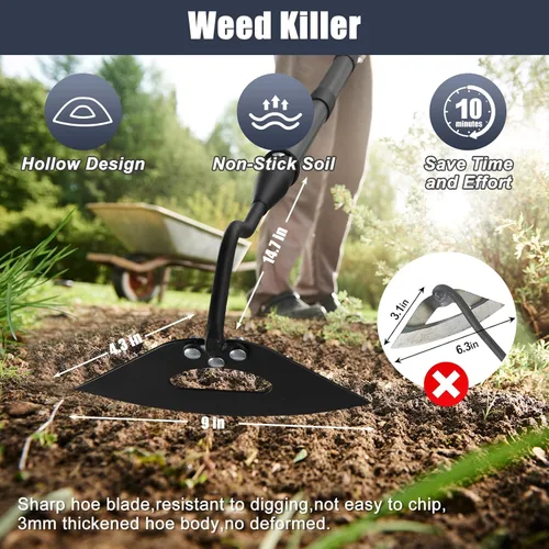Vista 4 de Herramienta de jardín Hoe, azada hueca con mango largo de 55 pulgadas, desbrozadora manual ajustable, azada de jardín resistente para deshierbe