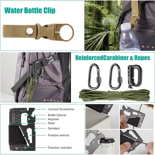 Vista 6 de Kit de supervivencia 20 en 1 para hombres, equipo de emergencia y campamento al aire libre, herramientas compactas de supervivencia, accesorios