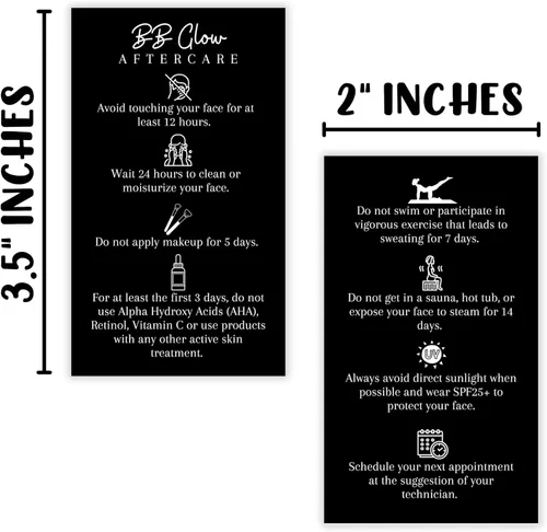 Vista 3 de BB Glow Tarjetas de cuidado posterior, paquete de 50, tamaño de tarjeta de visita de 2 x 3.5 pulgadas, microneedled BB Glow negro con diseño blanco