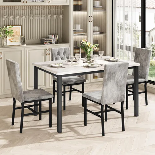 Vista 3 de Juego de mesa de comedor Hooseng para 4, mesa pequeña de cocina de mármol sintético con juego de sillas de 4 con lujosas sillas acolchadas de botón