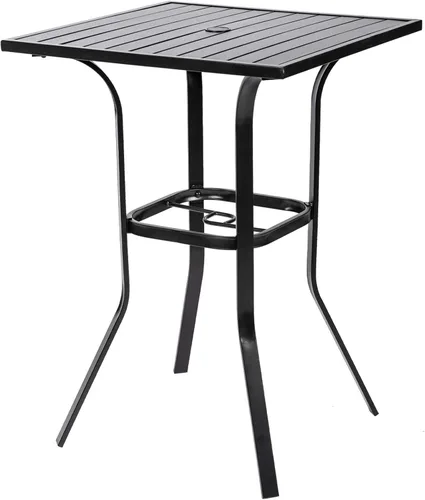 Mesa de bar de patio, mesa de bar para exteriores con agujero para paraguas, marco de metal y diseño de listones (negro)