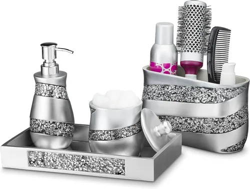 Vista 4 de Creative Scents Bandeja de baño con mosaico plateado, bandeja decorativa de tocador de baño, bandeja de perfume para tocador, bandeja de espejo