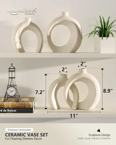 Vista 4 de Juego de 2 jarrones decorativos entrelazados Jarrones de cerámica con textura de arena mate para decoración moderna japonesa y bohemia del hogar