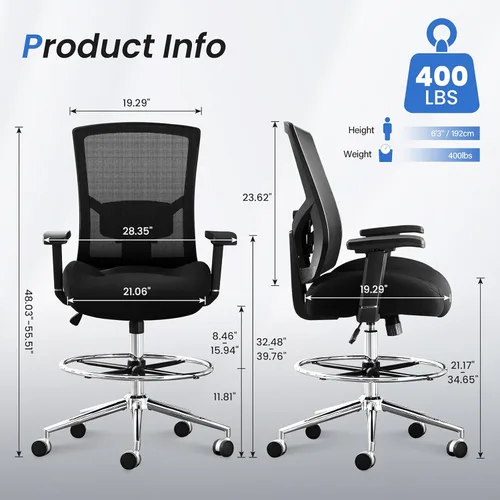 Vista 2 de Silla de dibujo ergonómica alta para escritorio de pie, cojín extra ancho de 21 pulgadas, brazos ajustables, ruedas de bloqueo de presión, malla