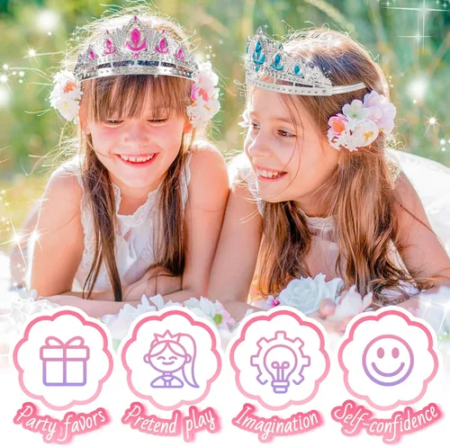 Vista 4 de NINAOR Regalos de fiesta de corona de princesa, 16 tiaras de princesa para cumpleaños, accesorios de cosplay de niña, suministros de fiesta