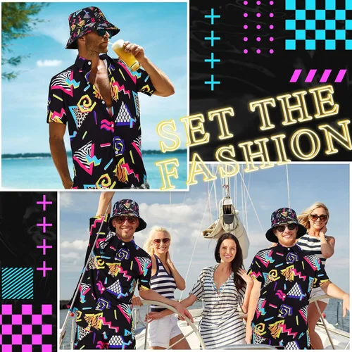 Vista 7 de Geosar Men's 2 Pcs 80s 90s Outfit for Men Hippie Shirts and Shorts Set with Hat Neon Disco Halloween Party Costume Clothes