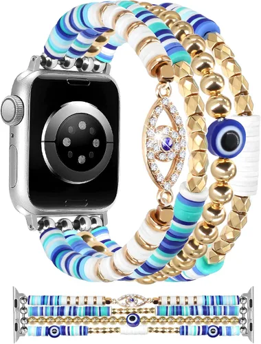 Vista 18 de JR.DM - Pulsera de cuentas compatible con Apple Watch de 40 mm, 38 mm, 41 mm, 42 mm; correa elástica hecha a mano para iWatch Series A1 colorido
