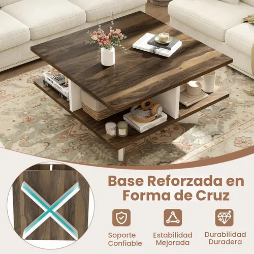 Vista 3 de Giantex Mesa auxiliar cuadrada, mesa central moderna de mediados de siglo con 4 compartimentos de almacenamiento y base en forma de cruz, mesas