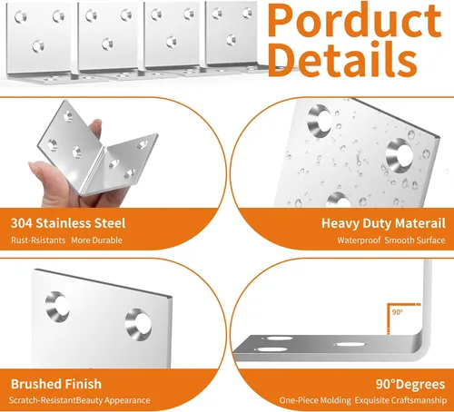 Vista 3 de 20 piezas de soportes de ángulo de acero inoxidable de 50 mm, soportes en L resistentes de 2"x2"x2" para madera, soportes de esquina de metal de 2
