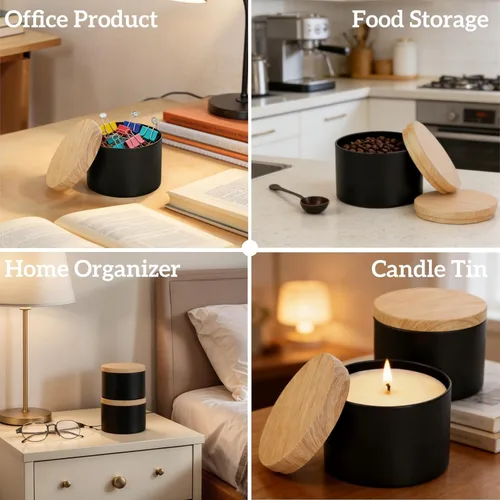 Vista 6 de Pumtus Paquete de 24 latas de velas de 8 onzas, recipiente de vela negro mate con tapas, tarros redondos de metal para hacer velas, recipiente