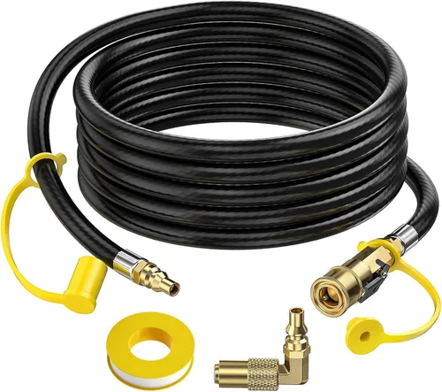 Vista 9 de Manguera de propano RV de conexión rápida de 7 pies con válvula de cierre de seguridad de 1/4 pulgadas y enchufe macho de flujo completo de 1/4