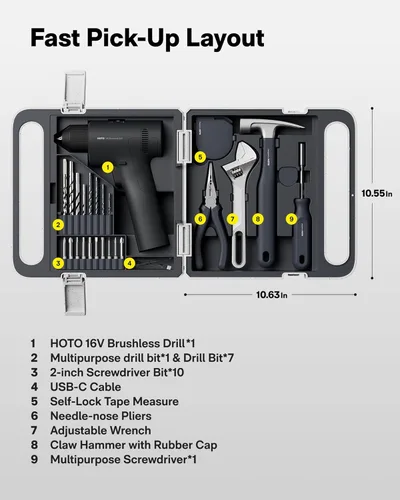Vista 8 de HOTO Kit de herramientas para el hogar de 25 piezas con taladro sin escobillas de 16V, pantalla inteligente, par de 50 N·m, 32 ajustes de par, carga