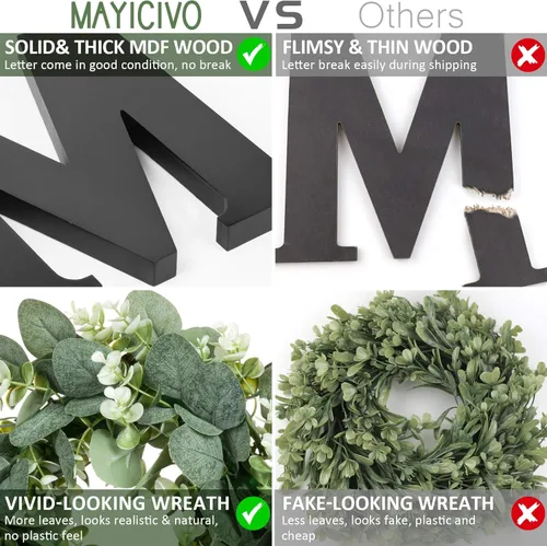 Vista 8 de Letras de madera para el hogar con corona de eucalipto artificial moderno decorativo colgante de casa de campo para sala de estar y cocina
