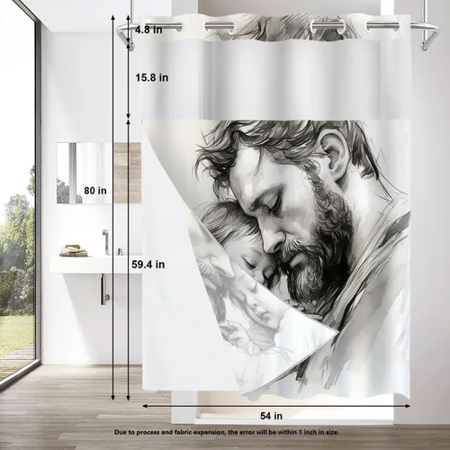 Vista 649 de Shrahala Father and Child Embracing No Hooks Shower Curtain with Snap in Liner Set, Tender Moment Captured Bathroom Décor Polyester Fiber Waterproof