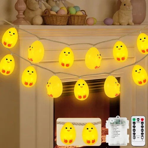 YIQU Guirnalda de luces de decoración de Pascua, 10 pies, 12 LED, guirnalda de mantel de pollitos para interiores, funciona con pilas con