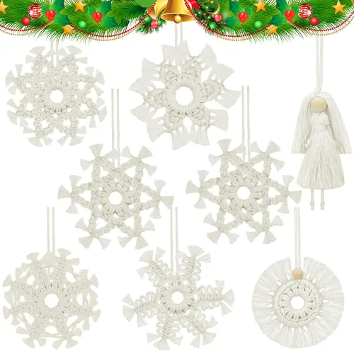 8 adornos de macramé, copo de nieve, decoración de macramé, adornos de hadas, hechos a mano, para colgar en el árbol de Navidad, bohemio, mini