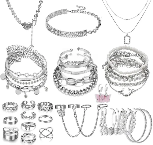 17IF 35-37 Pcs Silver Gold Jewelry Set for Women 12 Pcs Rings 4 Pcs Necklace 14 Pcs Bracelet and 5 Pair Earring, Indie Stackable Accessories