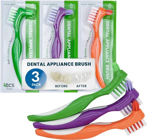 TCS Cepillo de cerdas suaves frescas para dentaduras postizas, retenedores y alineadores, fabricado con cerdas de nailon Dupont® de primera calidad