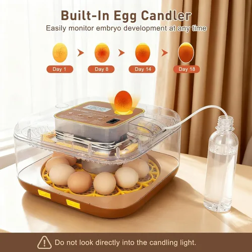 Vista 4 de ZEMIRO CHARGE Incubadora de 12 huevos con giro automático, control de humedad, vela LED para huevos, y adición automática de agua, para incubar