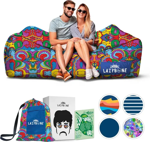 Chillbo Inflatable Couch – Unique Designs - No-Pump Setup, Ripstop Polyester, Stability Pegs, Fun Prints - Portable Air Inflatable Lounger for