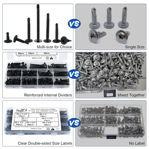 Vista 8 de Kit de surtido de 140 piezas de tornillos negros autoperforantes para metal, tornillos TEK autorroscantes de cabeza de armadura modificada de 8# x