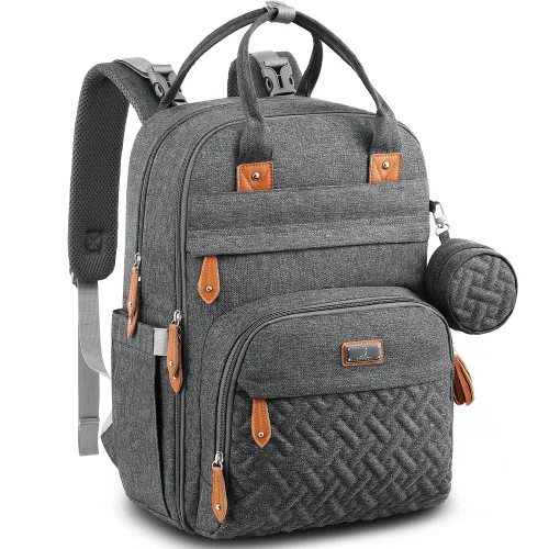 Vista 34 de BabbleRoo - Mochila de cuero para pañales, bolso de viaje para bebé con artículos esenciales, multifuncional, resistente al agua, con almohadilla