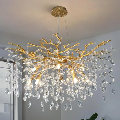 Vista 17 de YUYI 23.6" Candelabro moderno de oro con ramas de árbol de cristal, iluminación redonda de gota de lluvia de 8 luces para comedor, sala de estar