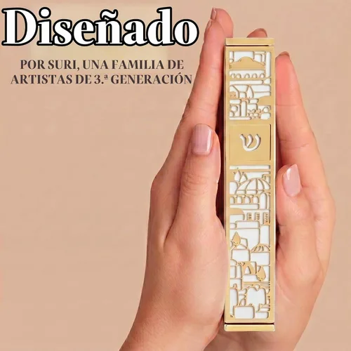 Vista 3 de SURI Mezuzah de metal plateado y azul de 6 pulgadas para puerta