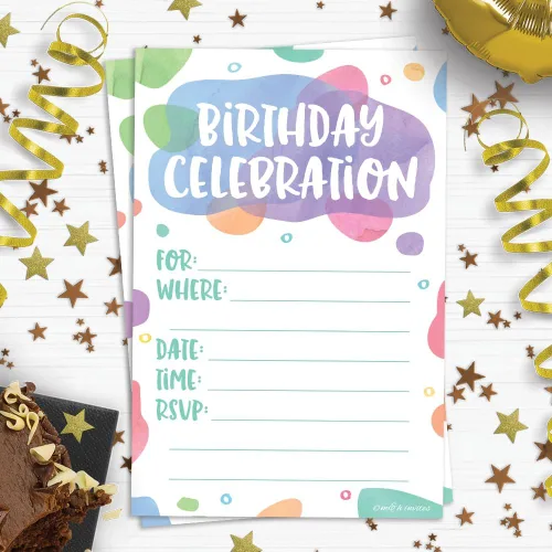 Vista 7 de Puntos de acuarela – Invitaciones de fiesta de cumpleaños – Estilo de relleno (20 unidades) con sobres