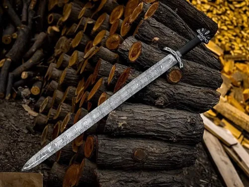 Vista 2 de Qepaa Crafts® Espada de acero damasquino hecha a mano estilo vikingo real Hoja de filo completo con mango de madera y vaina Réplica medieval