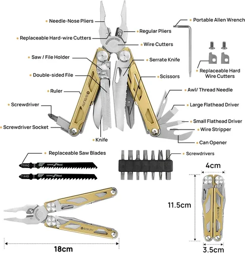 Vista 2 de BIBURY Alicates multiherramienta Pro BI2045, multiherramienta de acero inoxidable 31 en 1 con cortadores de alambre reemplazables y sierra, juego