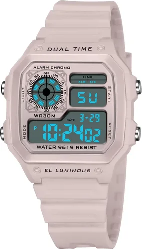 Vista 4 de PASOY Reloj de pulsera digital multifunción para hombre, con hora doble, alarma, cronómetro, cuenta regresiva, retroiluminación, resistente al agua