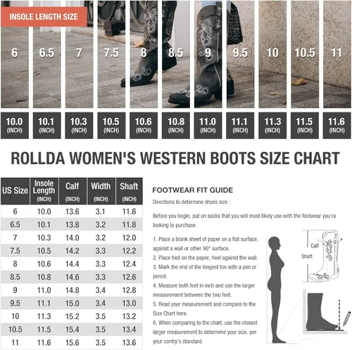 Vista 2 de Rollda Botas vaqueras para mujer, botas vaqueras bordadas a media pantorrilla, botas occidentales para mujer, botas desgastadas con pestañas