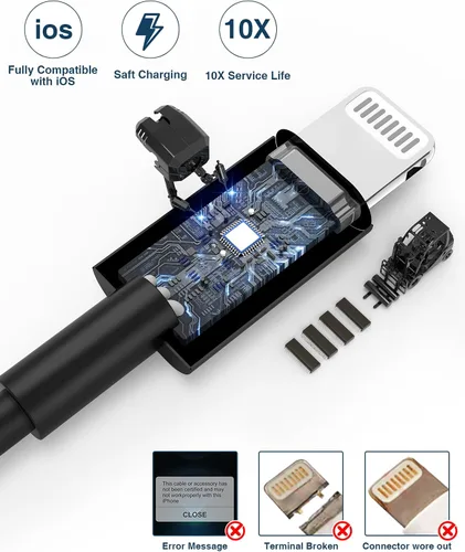 Vista 2 de Cable de carga para iPhone de 6 pies (paquete de 2), [certificado MFi de Apple], cable Lightning largo de 6 pies, cargador de iPhone de 6 pies
