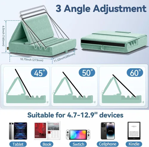 Vista 8 de KDD Soporte de almohada para tableta, soporte plegable para iPad para regazo, cama y escritorio, base suave para tablet con bolsillo y soporte